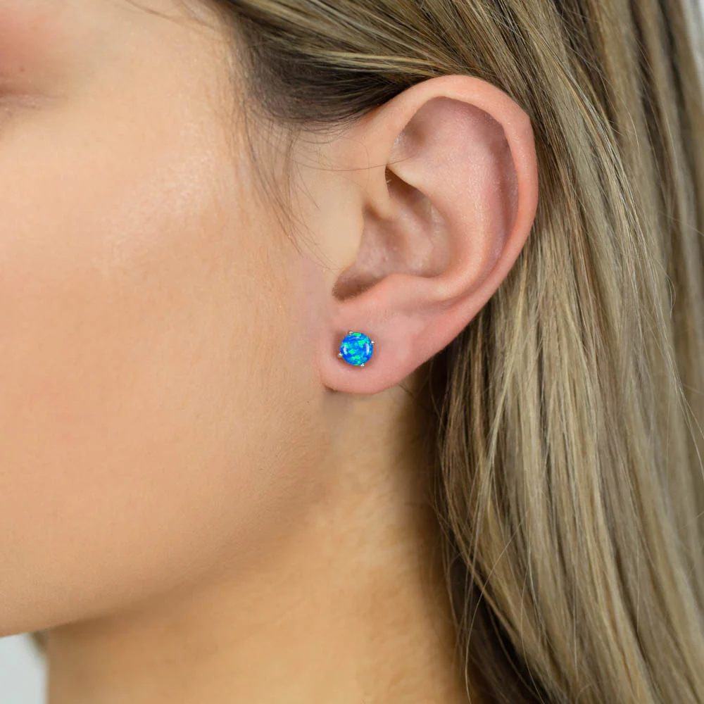 Sterling Silver 6mm Simulated 4 Claw Blue Opal Stud Earrings - Image 2