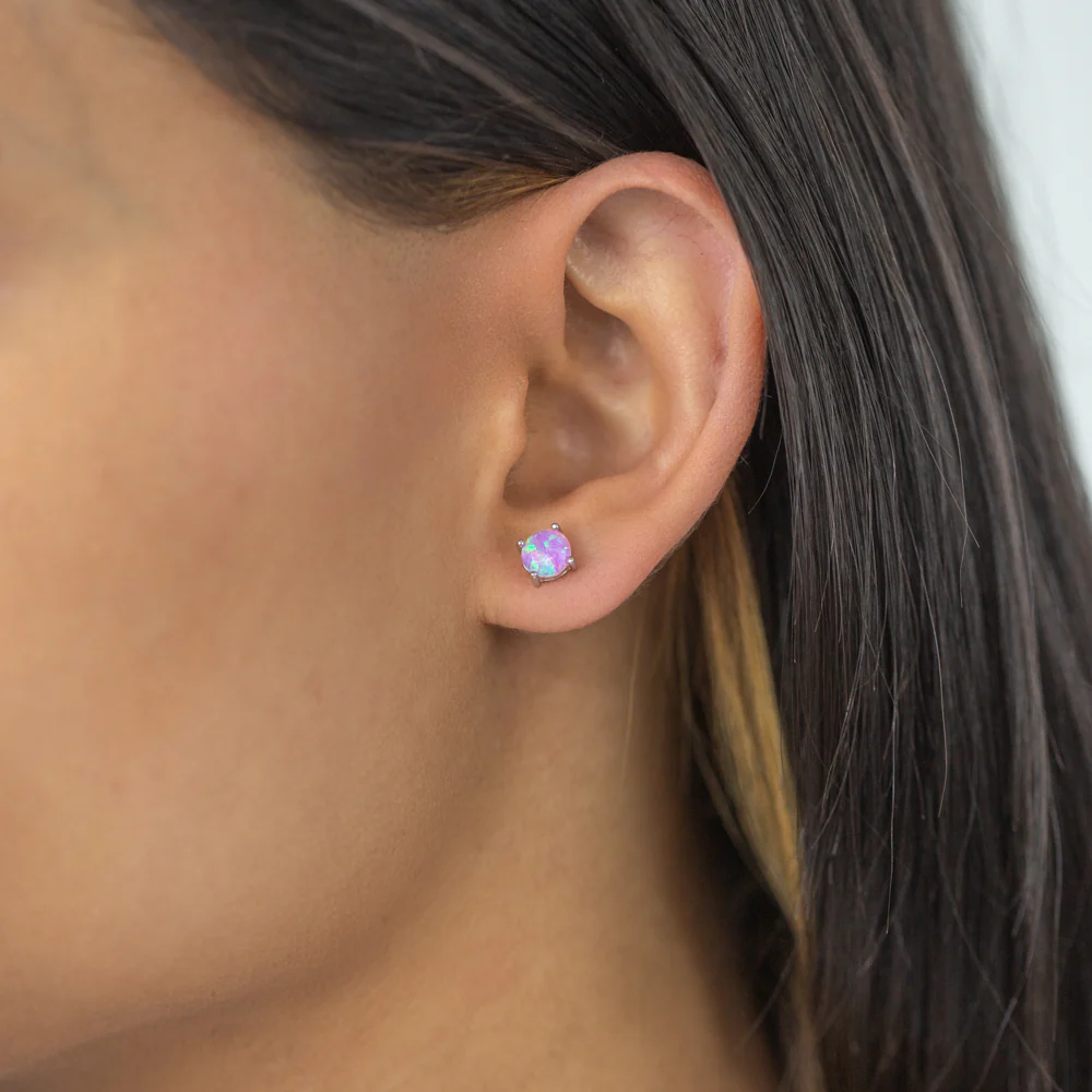 Sterling Silver 6mm Simulated 4 Claw Pink Opal Stud Earrings - Image 3