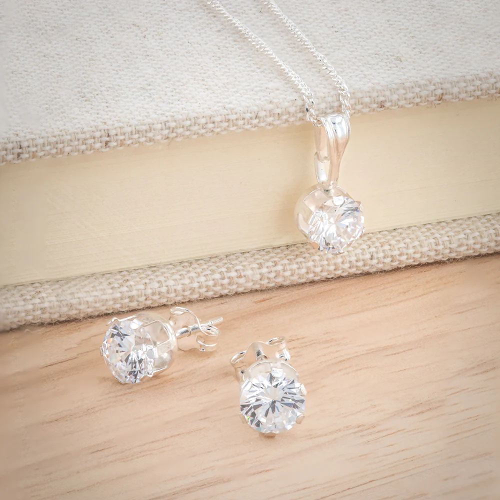 Sterling Silver 6mm Zirconia Pendant and Earring Set with Chain - Image 4