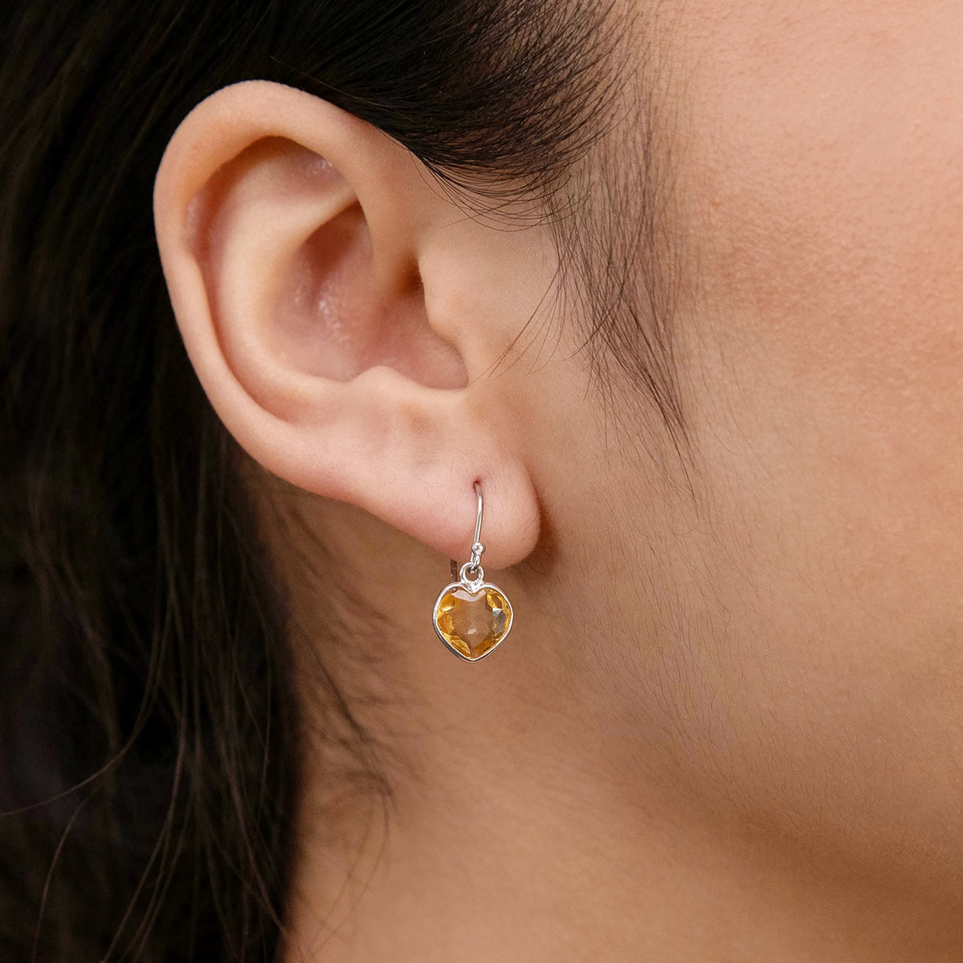 Sterling Silver 8mm Citrine Bezel Heart Drop Earrings - Image 2