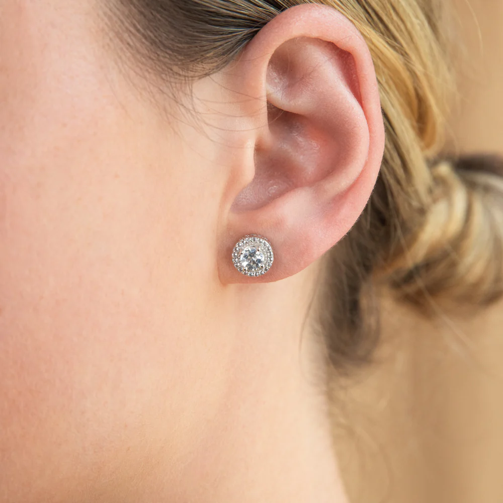 Sterling Silver 8mm Natural White Sapphire Halo Stud Earrings - Image 2