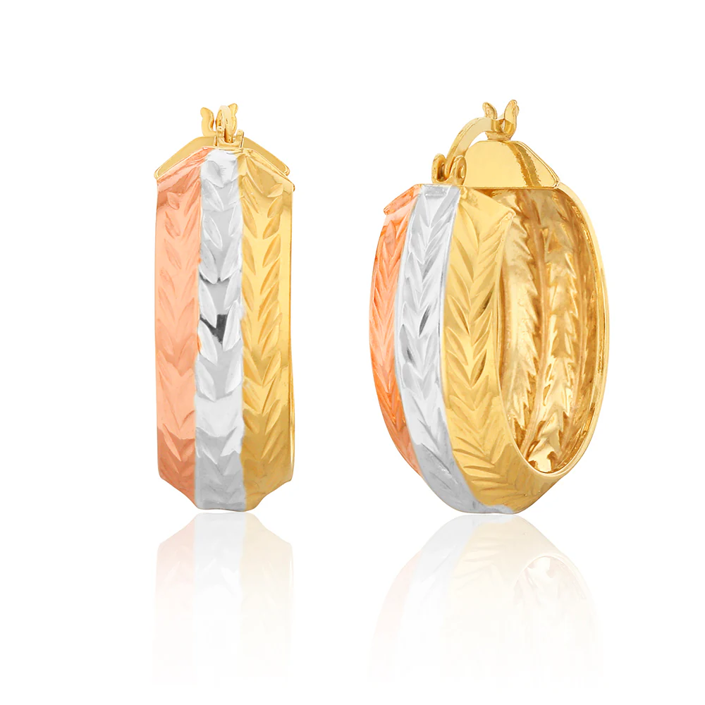 Sterling Silver 9mmx25mm Rose and Gold Plated Patterned Fancy Hoop Earrings - Image 2