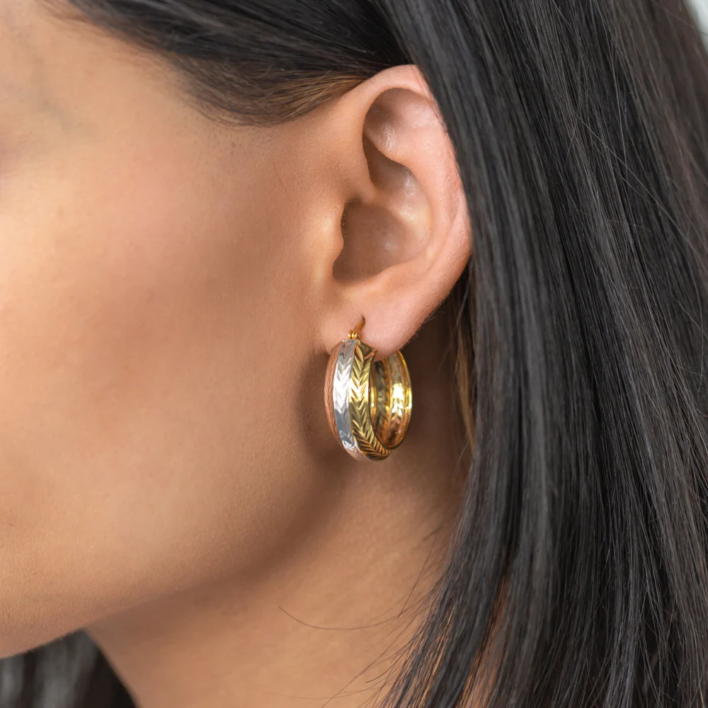 Sterling Silver 9mmx25mm Rose and Gold Plated Patterned Fancy Hoop Earrings - Image 3