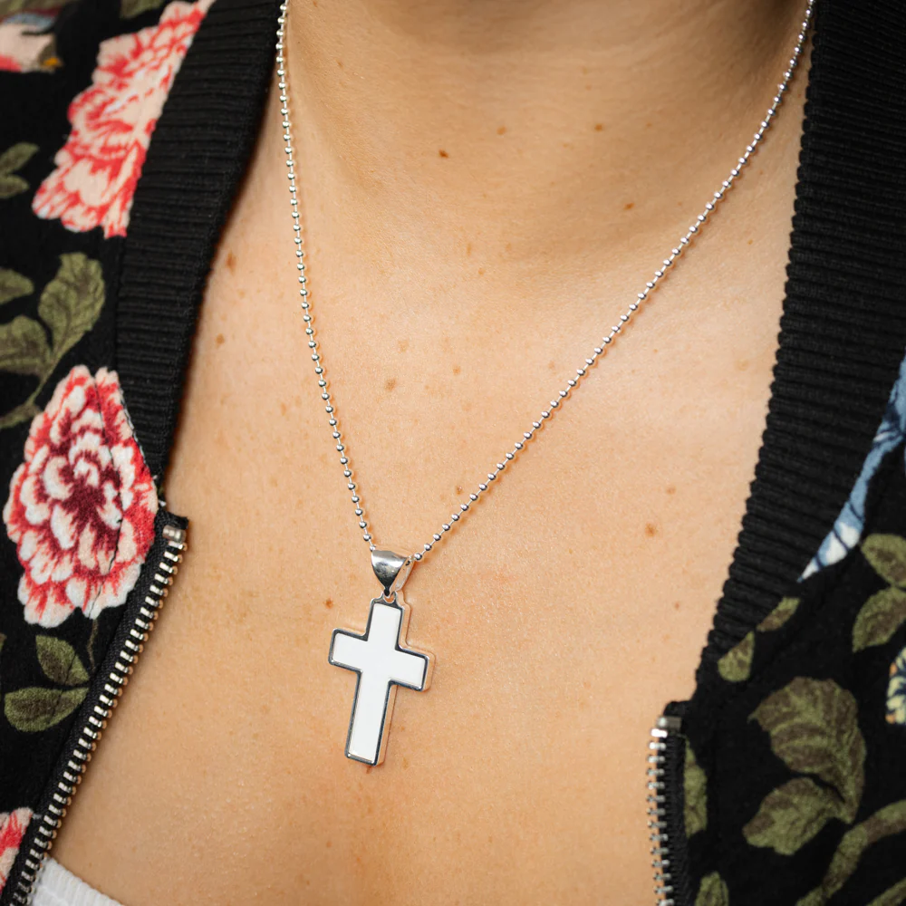 Sterling Silver Agate Paste White Cross On 50cm Ball Chain - Image 2