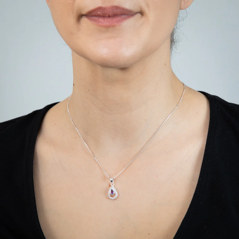 Sterling Silver Amethyst And Cubic Zirconia Pear Shaped Pendant - Image 2