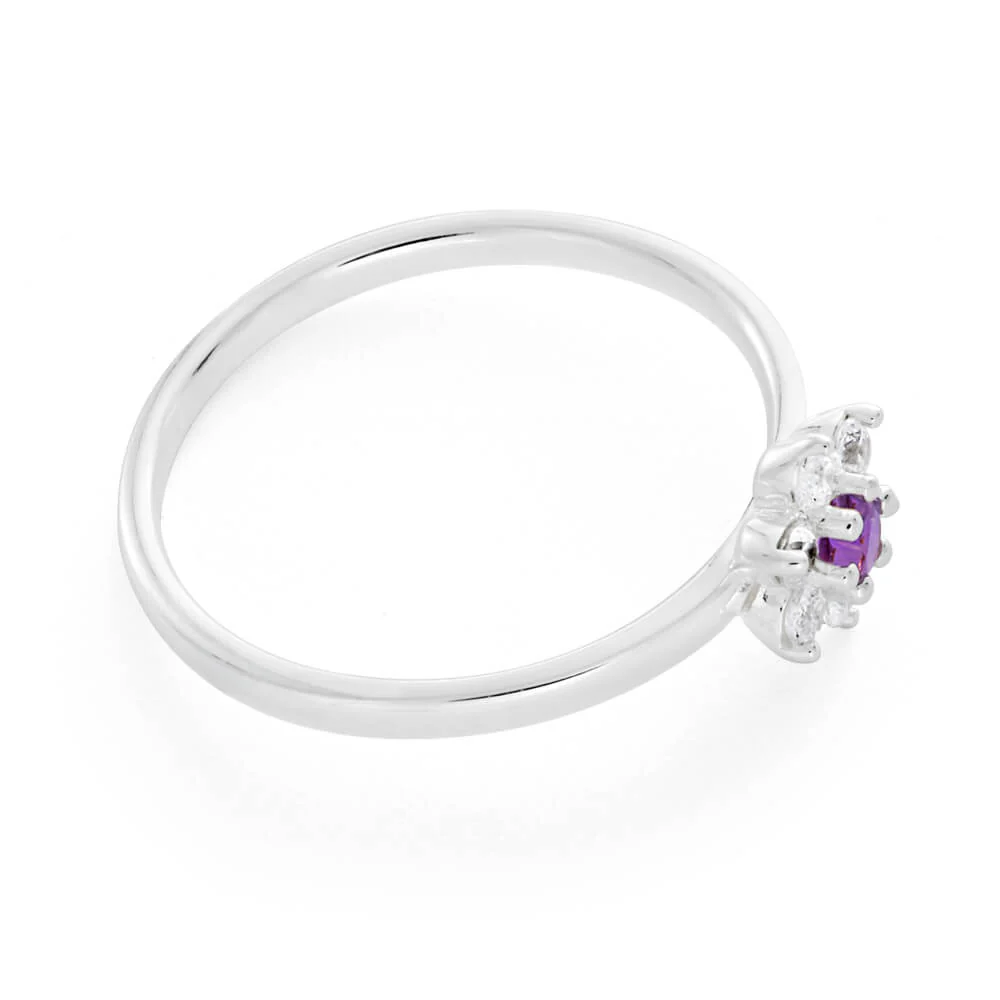 Sterling Silver Amethyst + Cubic ZirconiaFlower Ring - Image 2