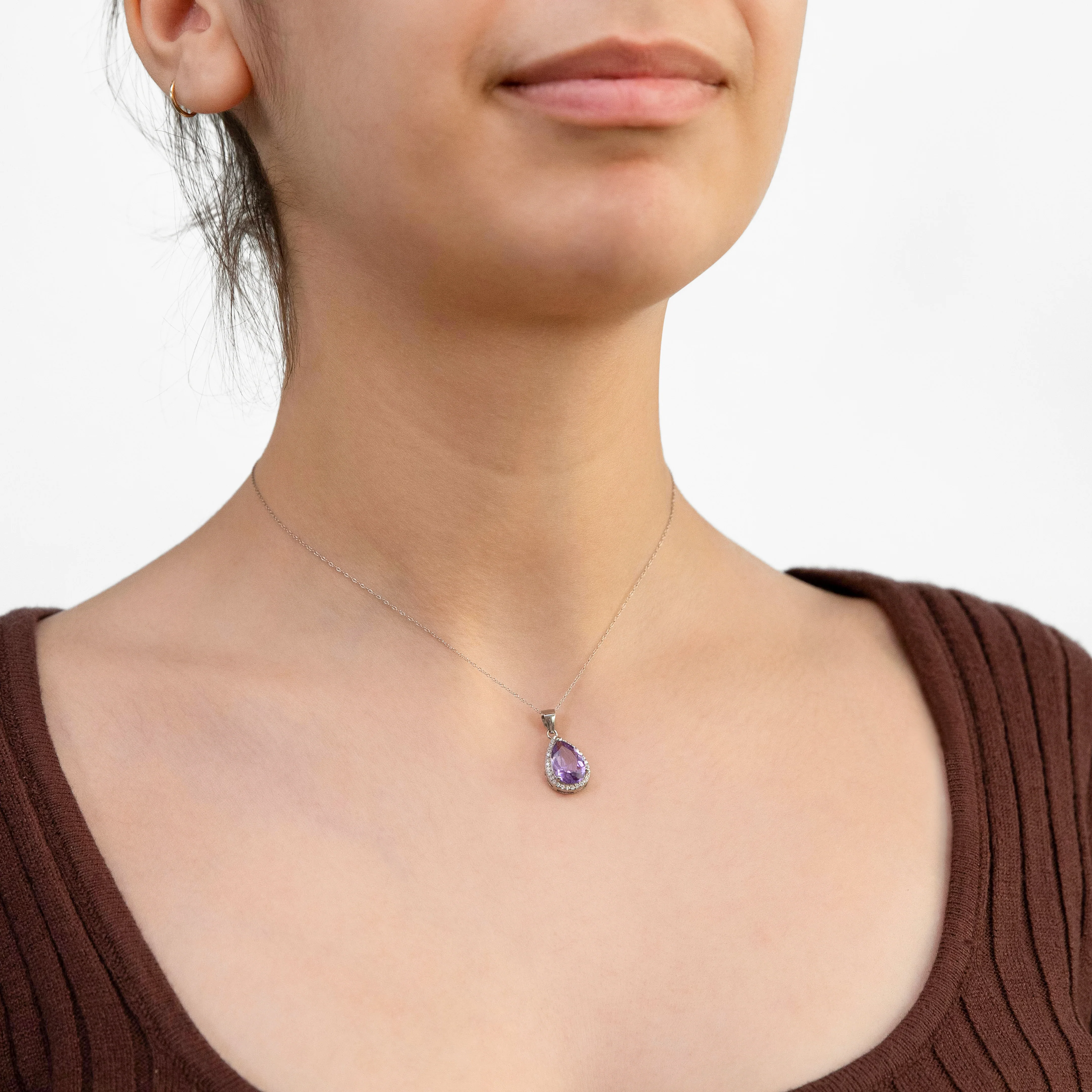 Sterling Silver Amethyst Pear 8x12mm and Zirconia Pendant with 45cm Chain - Image 2