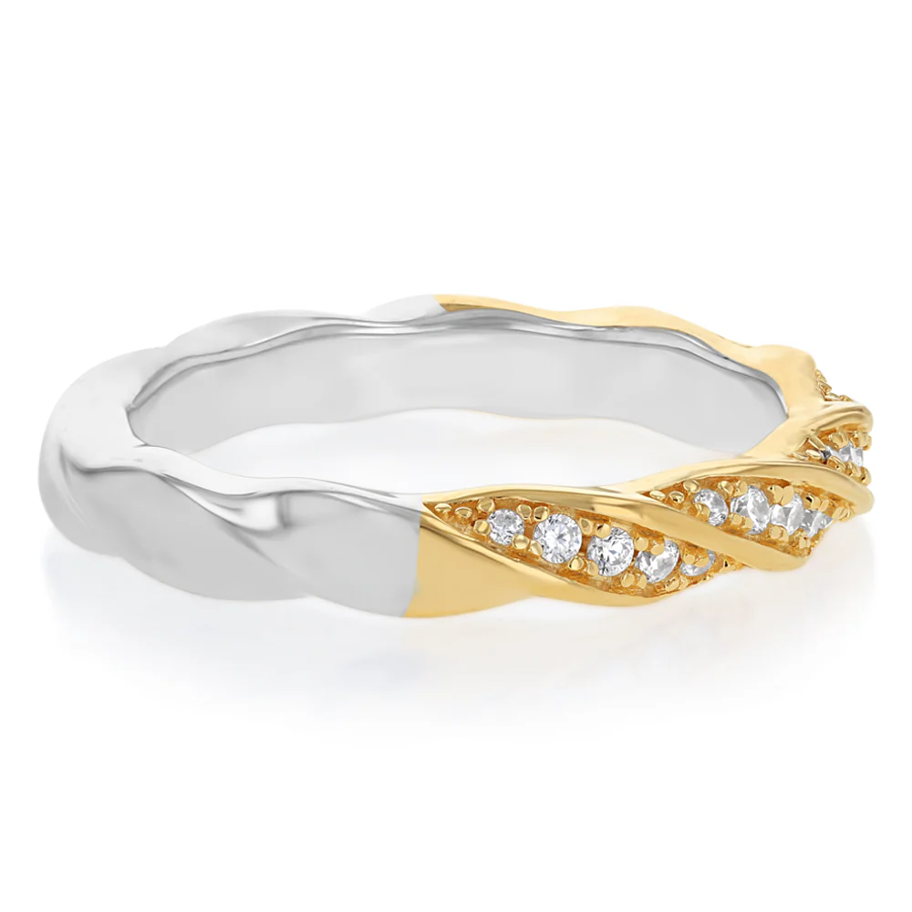 Sterling Silver and Gold Plated Two Tone CZ Twisted Ring - Image 2