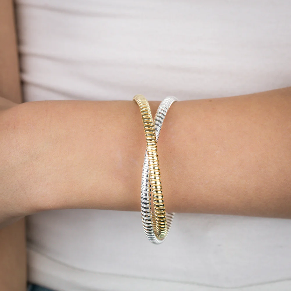 Sterling Silver And Gold Plated Two Tone Rounded Ribbed Double 68mm Bangle - Image 4