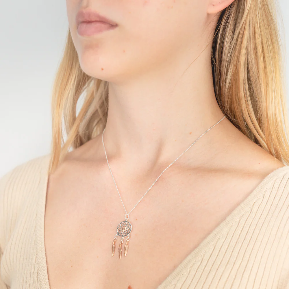 Sterling Silver and Rose Gold Plated Dreamcatcher Drop Pendant - Image 2