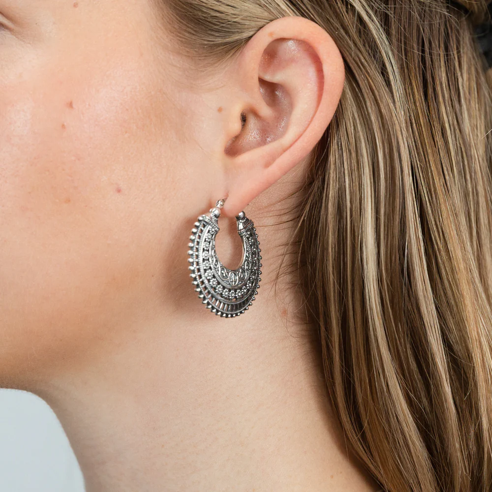 Sterling Silver Antique Pattern Hoop Earrings - Image 2