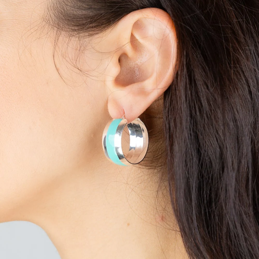 Sterling Silver Aqua Enamel On Broad 23mm Hoop Earrings - Image 2