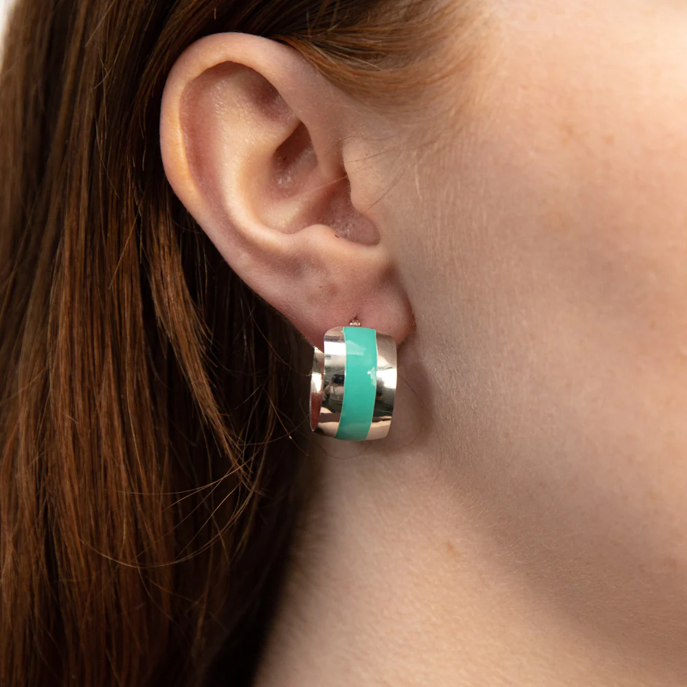 Sterling Silver Aqua Enamel On Wide Hoop Earrings - Image 2