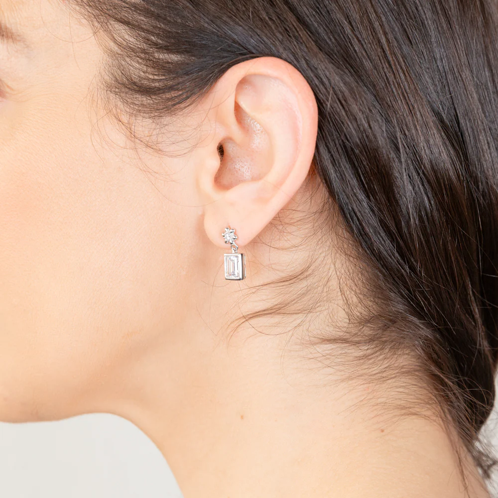 Sterling Silver Baguette Cut Cubic Zirconia Drop Earrings - Image 2