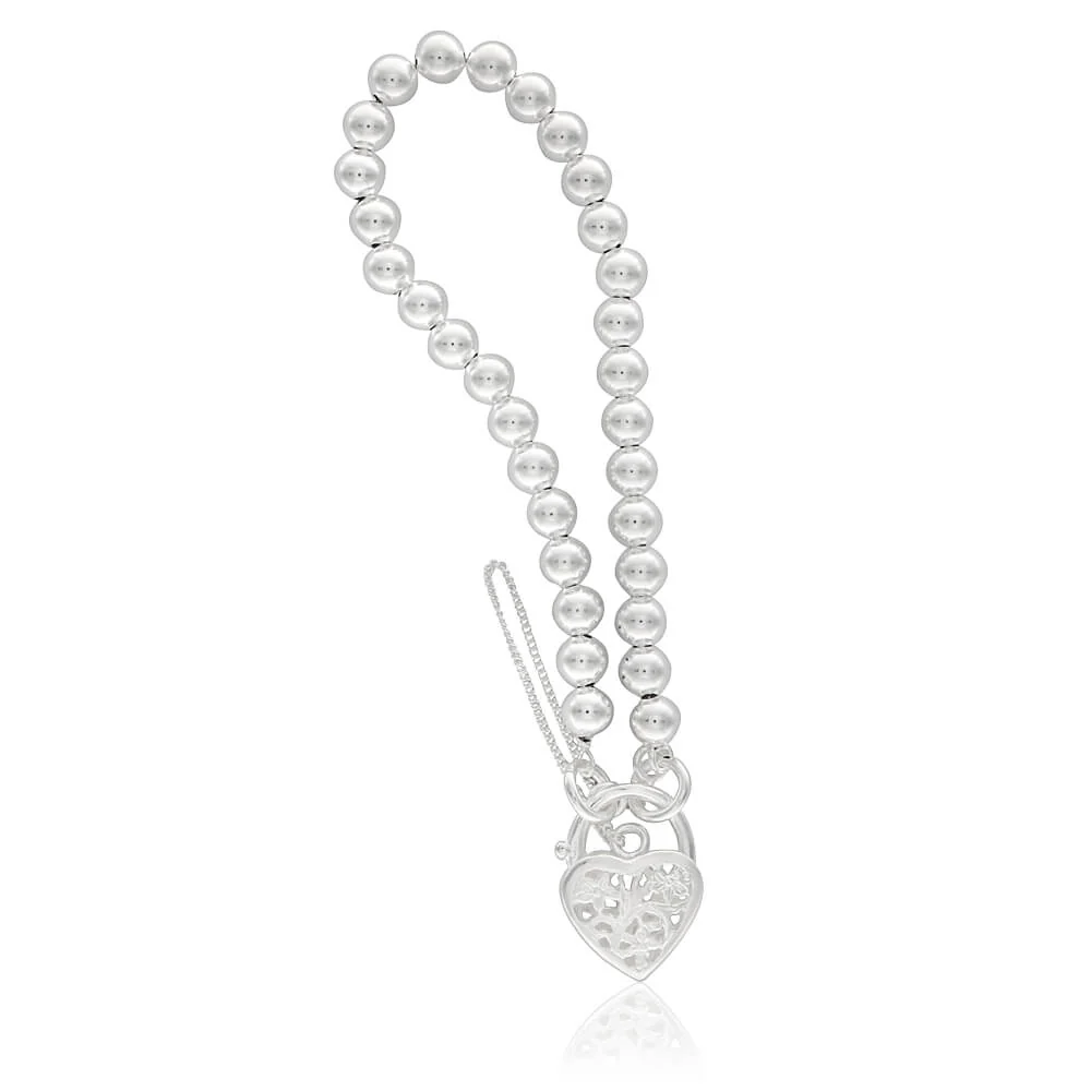 Sterling Silver Ball Link Padlock Bracelet with Filigree Heart - Image 2