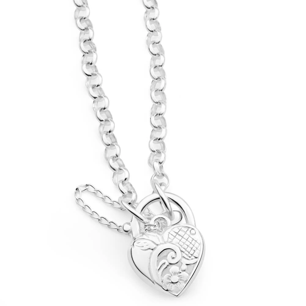 Sterling Silver Belcher Engraved Heart 20cm Padlock Bracelet - Image 2