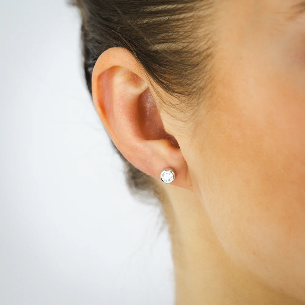 Sterling Silver Bezel Set Round White Cubic Zirconia Stud Earrings - Image 2