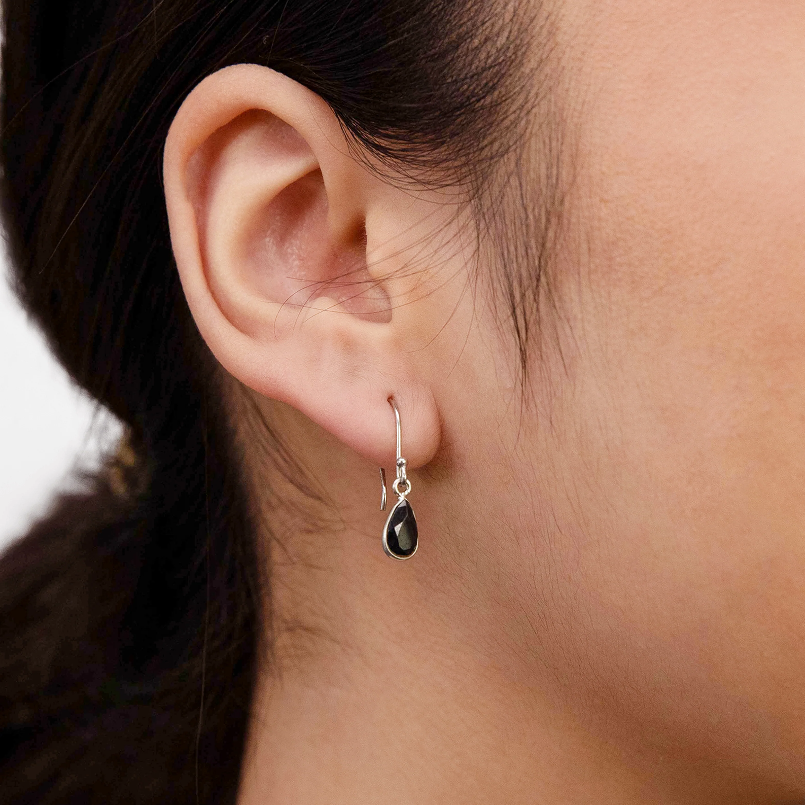 Sterling Silver Black Sapphire Pear Hook Drop Earrings - Image 2