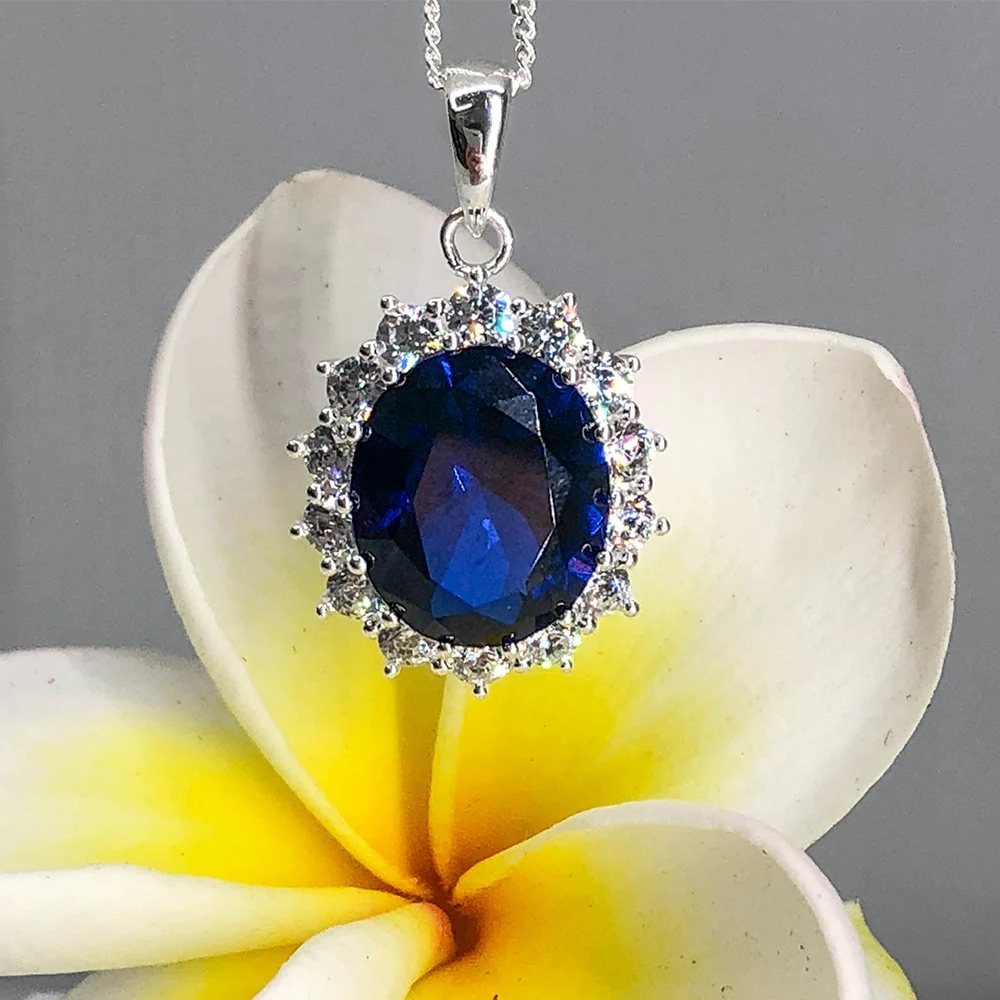 Sterling Silver Blue and White Zirconia Oval Pendant - Image 2