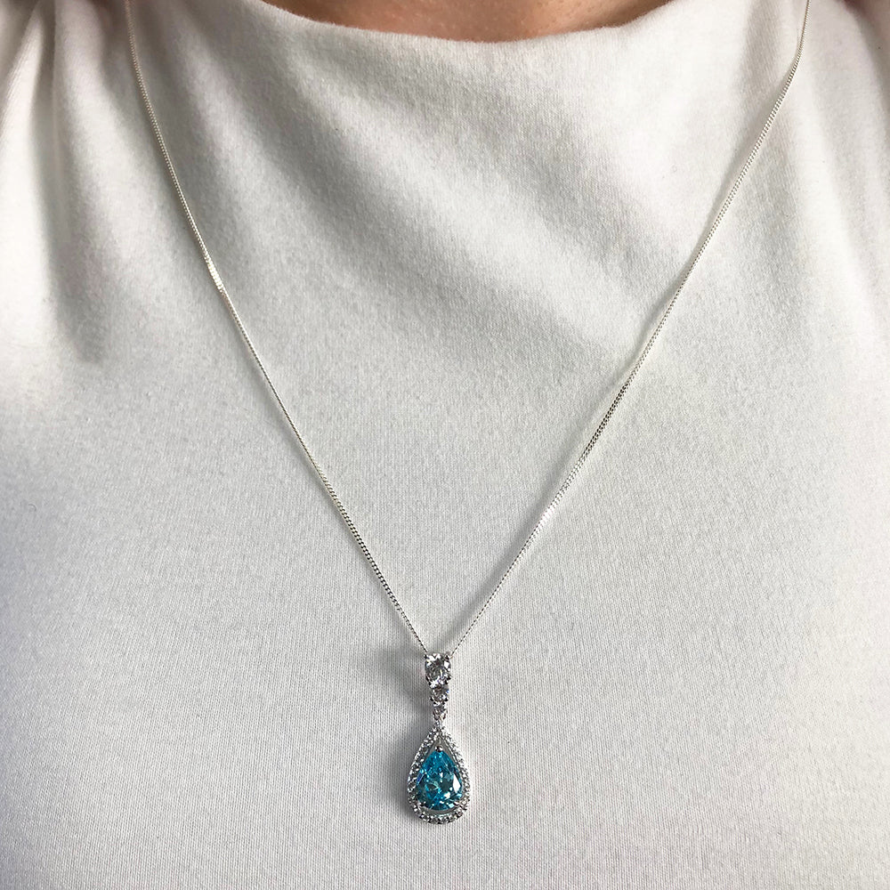 Sterling Silver Blue and White Zirconia Pear Shaped Pendant - Image 2