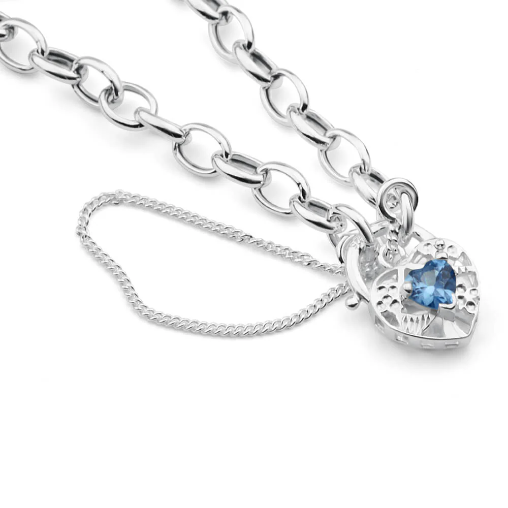 Sterling Silver Blue Cubic Zirconia Belcher Padlock Bracelet 19cm - Image 2