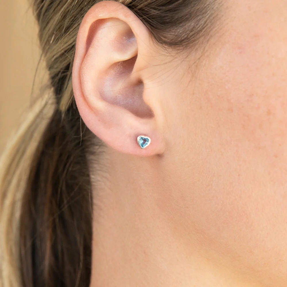 Sterling Silver Blue Cubic Zirconia Heart Stud Earrings - Image 2