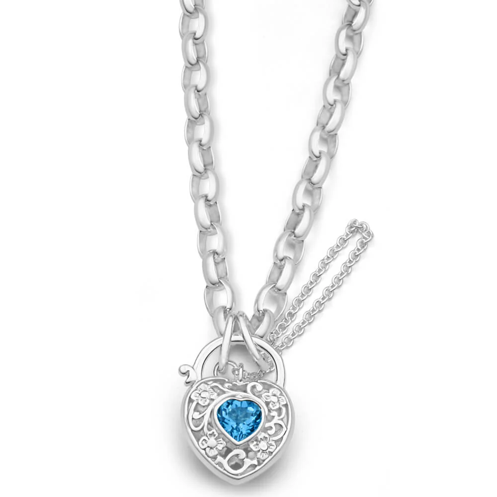 Sterling Silver Blue Topaz Belcher Link 19cm Padlock Bracelet - Image 2