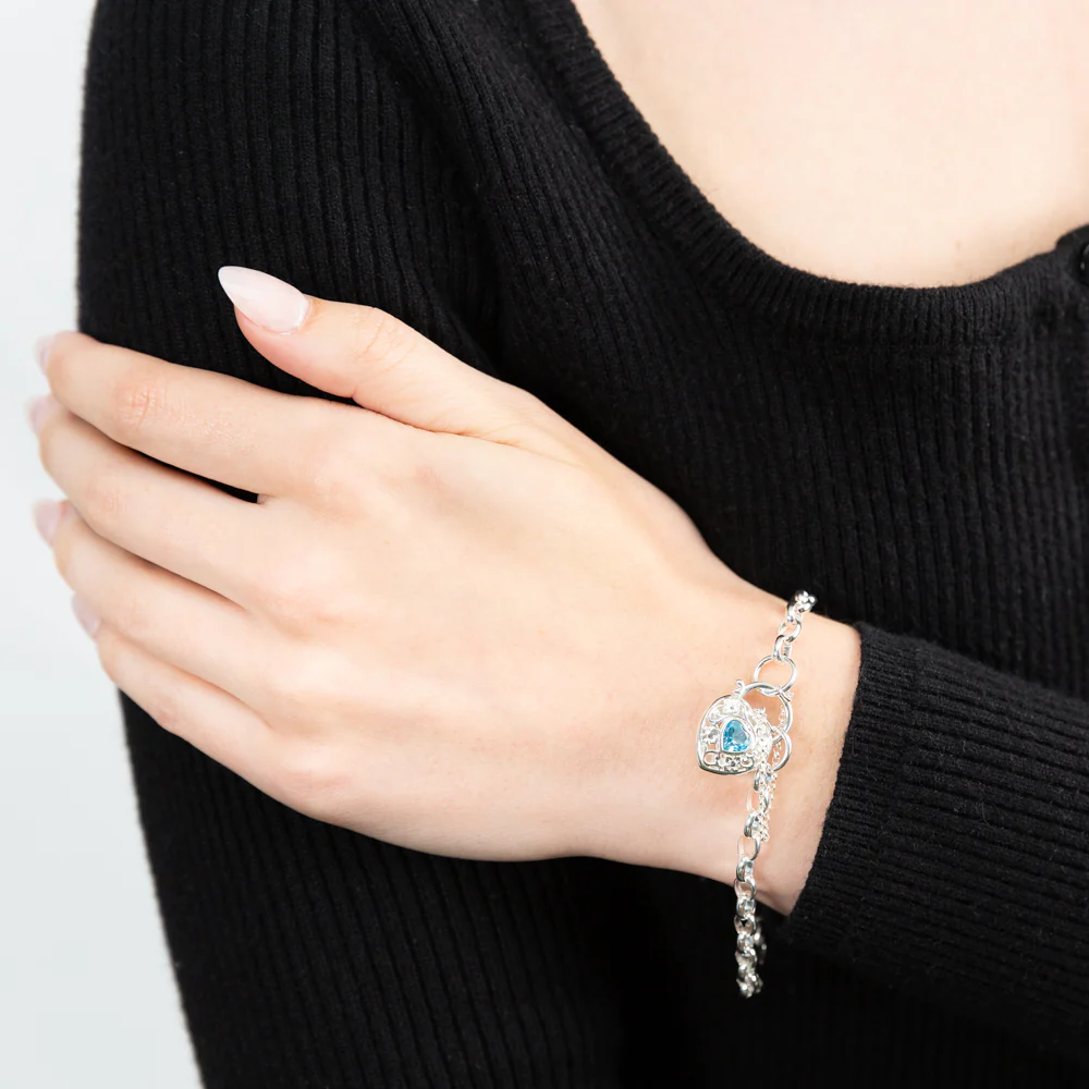 Sterling Silver Blue Topaz Belcher Link 19cm Padlock Bracelet - Image 3