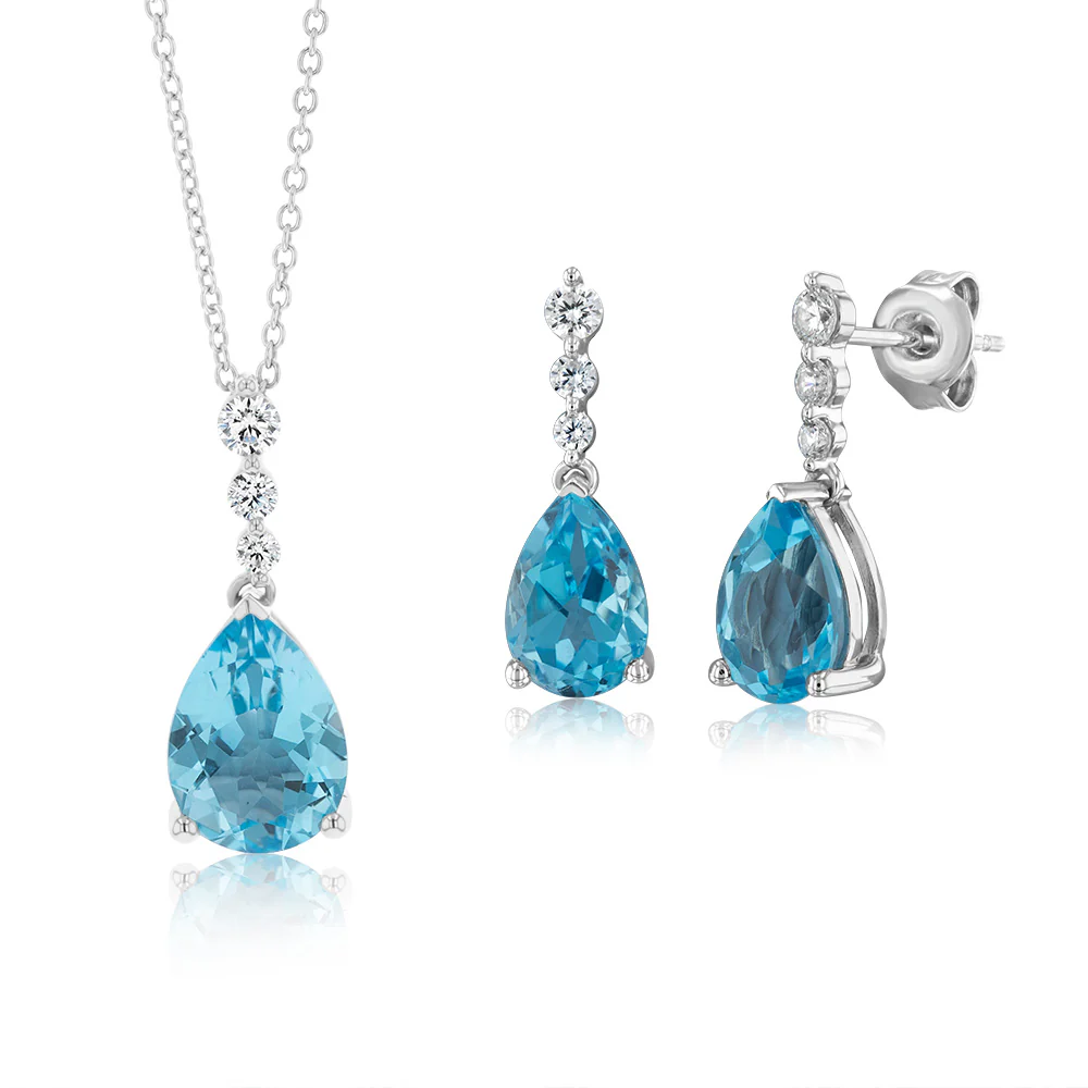 Sterling Silver Blue Topaz Cubic Zirconia Earring & Pendant Set - Image 2