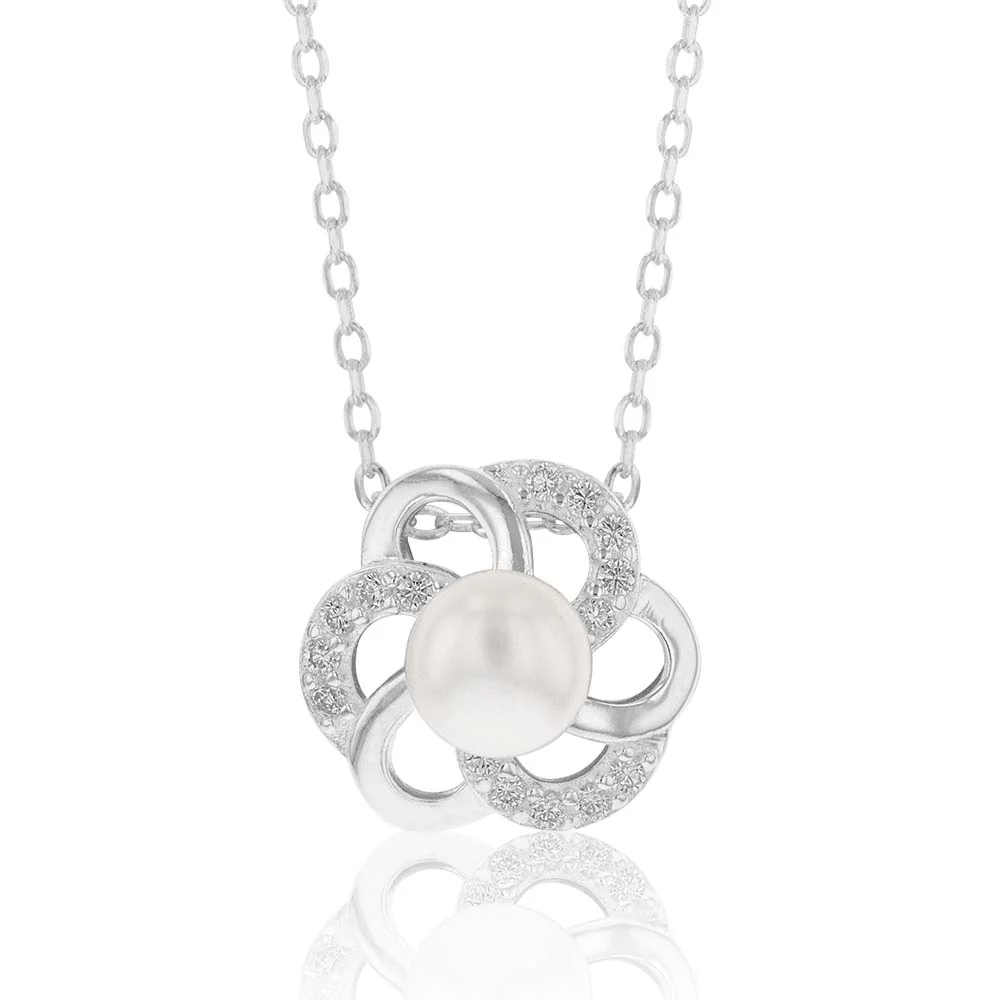 Sterling Silver Boxed Freshwater Pearl and Zirconia Flower Set with 45cm Chain - Image 3