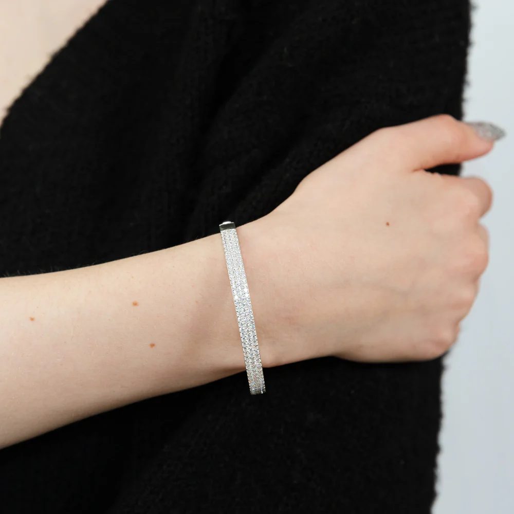 Sterling Silver Broad Cubic Zirconia Studded Hinged Bangle - Image 2