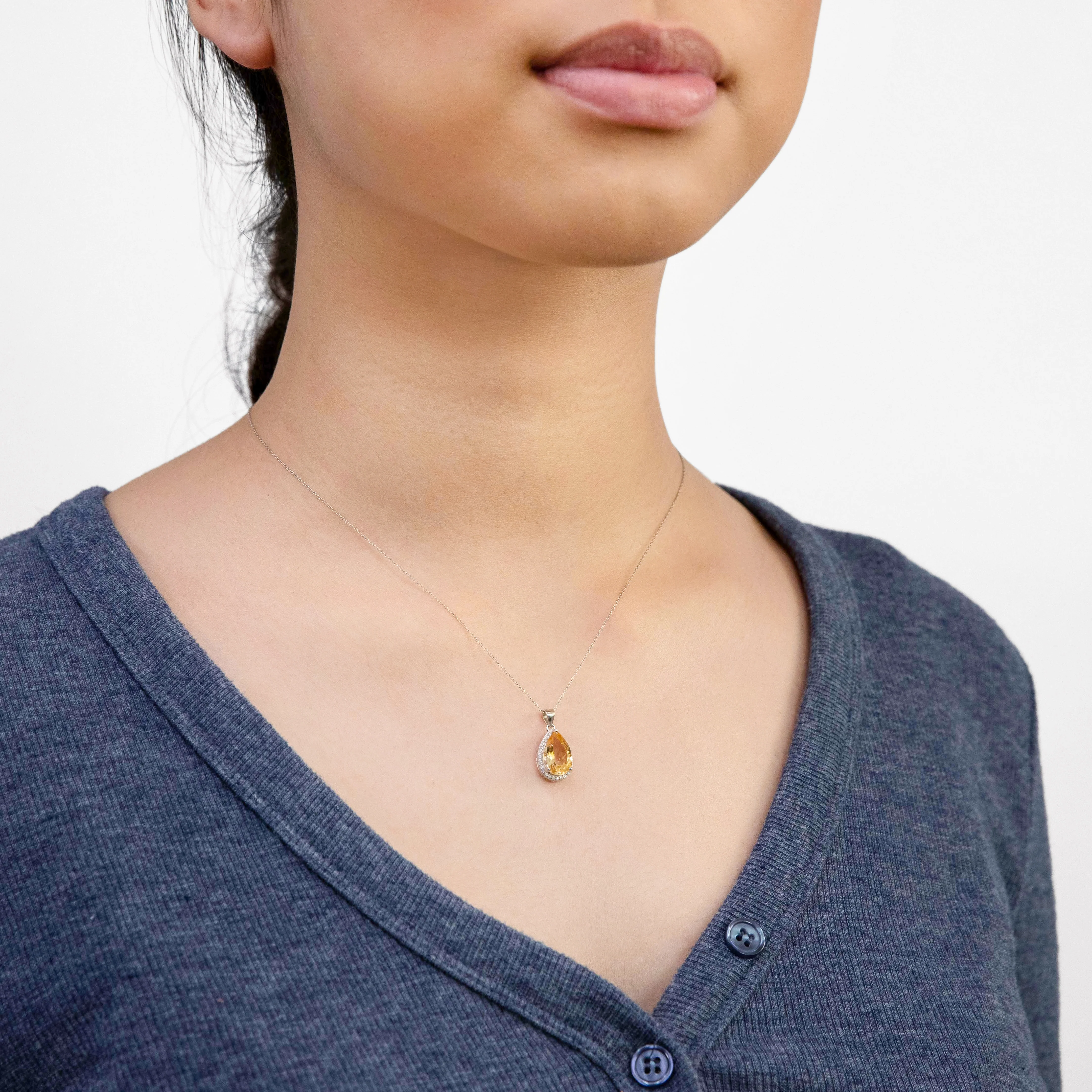 Sterling Silver Citrine and Zirconia Pear Pendant on Chain - Image 2