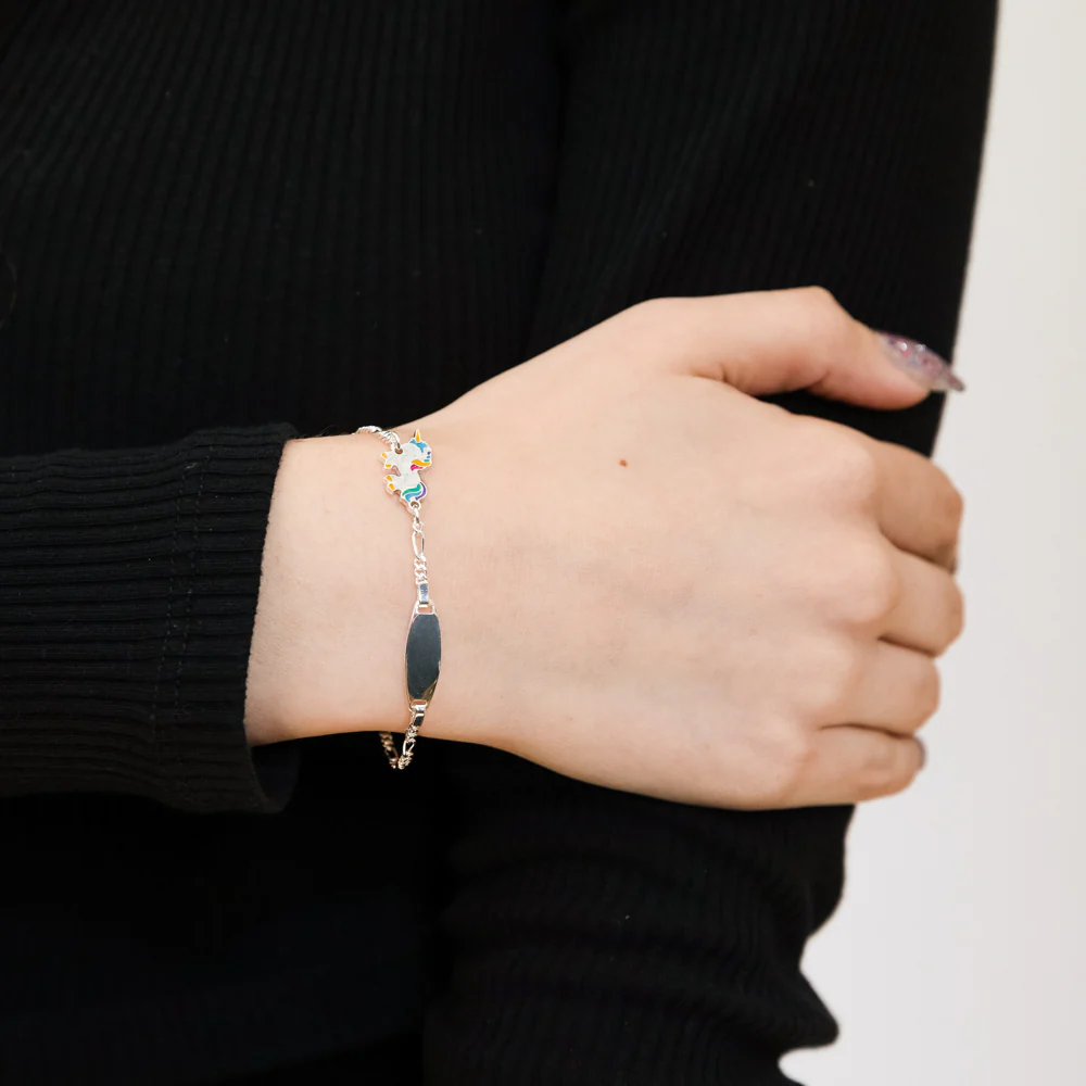 Sterling Silver Coloured Unicorn On Figaro 16cm Baby Bracelet - Image 3