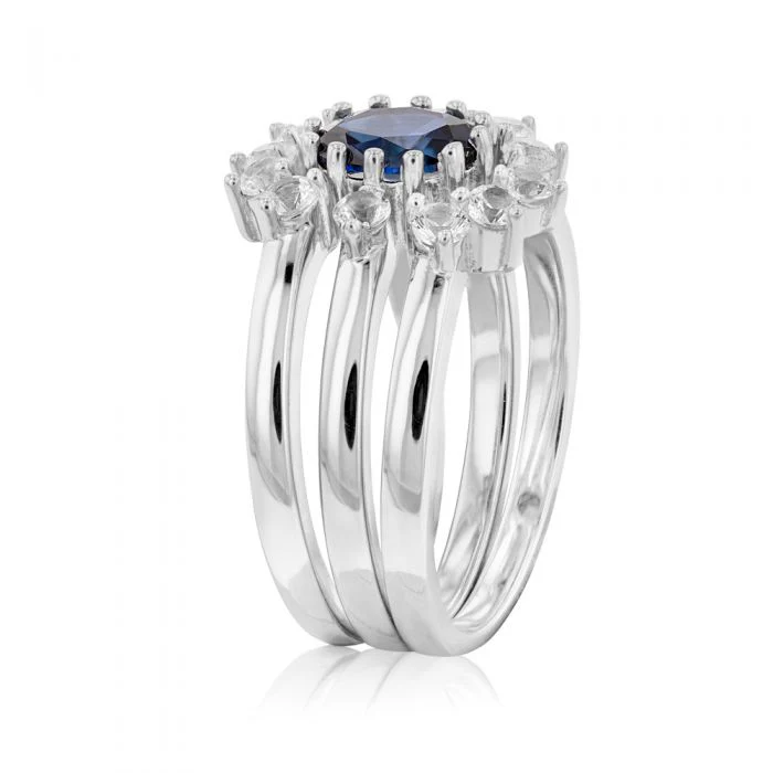 Sterling Silver Created Blue Sapphire and Created White Sapphire 3 Ring Set - Image 2