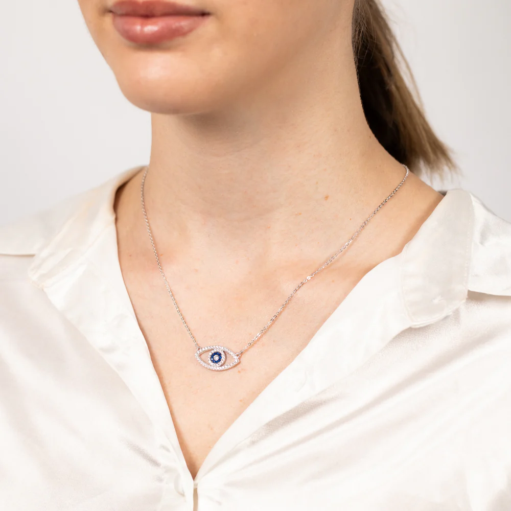 Sterling Silver Created Blue Sapphire And Zirconia Evil Eye Pendant On 45cm Chain - Image 2