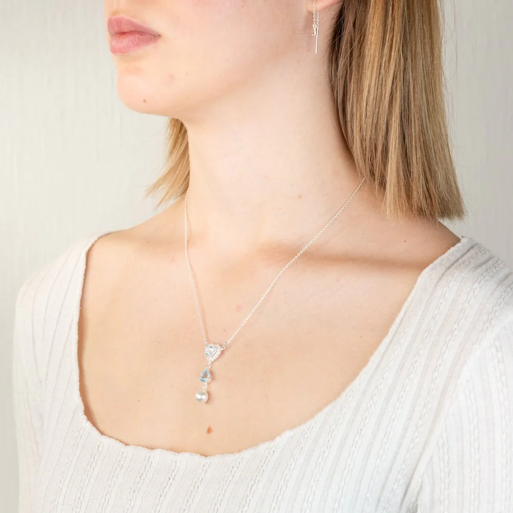 Sterling Silver Created Blue Topaz And Cubic Zirconia Pendant On 42cm Chain - Image 2