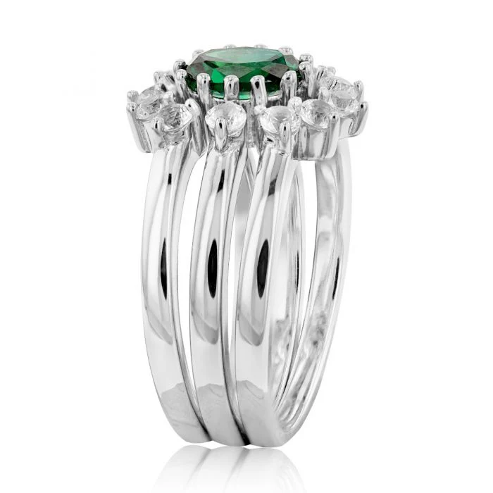 Sterling Silver Created Emerald and Created White Sapphire 3 Ring Set - Image 2
