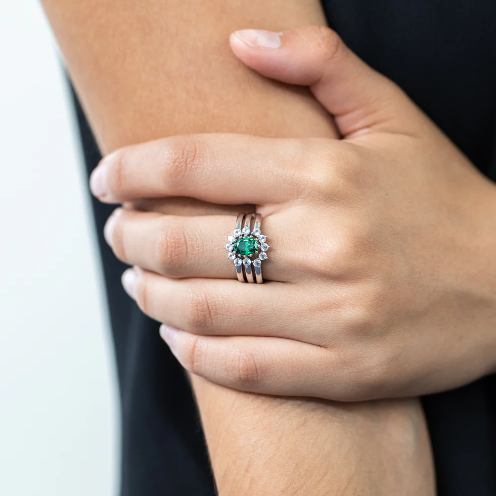Sterling Silver Created Emerald and Created White Sapphire 3 Ring Set - Image 3
