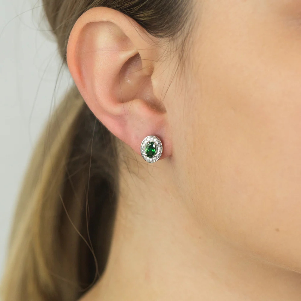 Sterling Silver Created Emerald and Zirconia Oval Halo Studs - Image 2