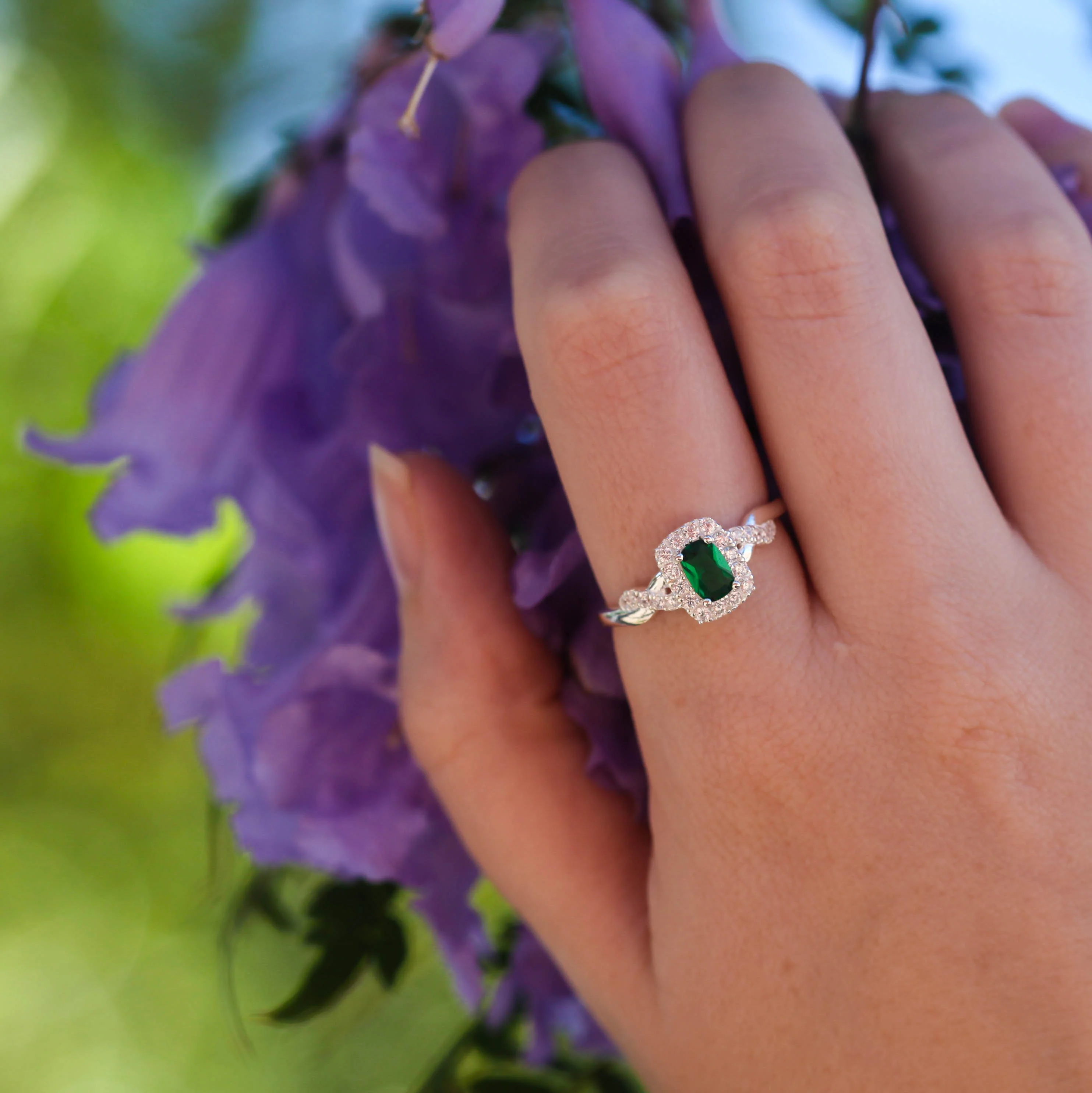 Sterling Silver Created Emerald and Zirconia Ring - Image 2