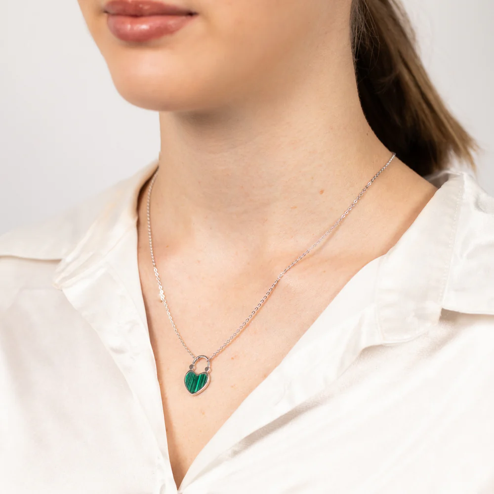 Sterling Silver Created Malachite Heart Pendant On Chain - Image 2