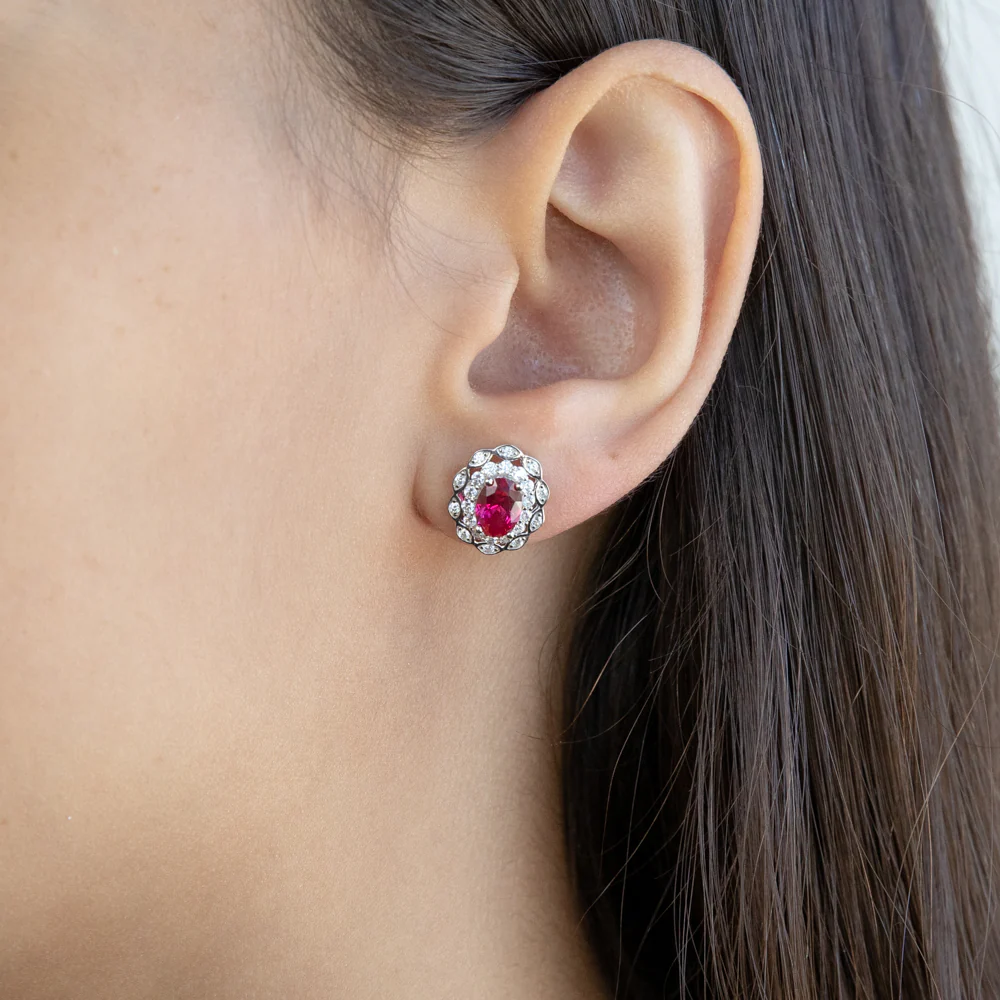 Sterling Silver Created Ruby and Zirconia Oval Earrings - Image 2