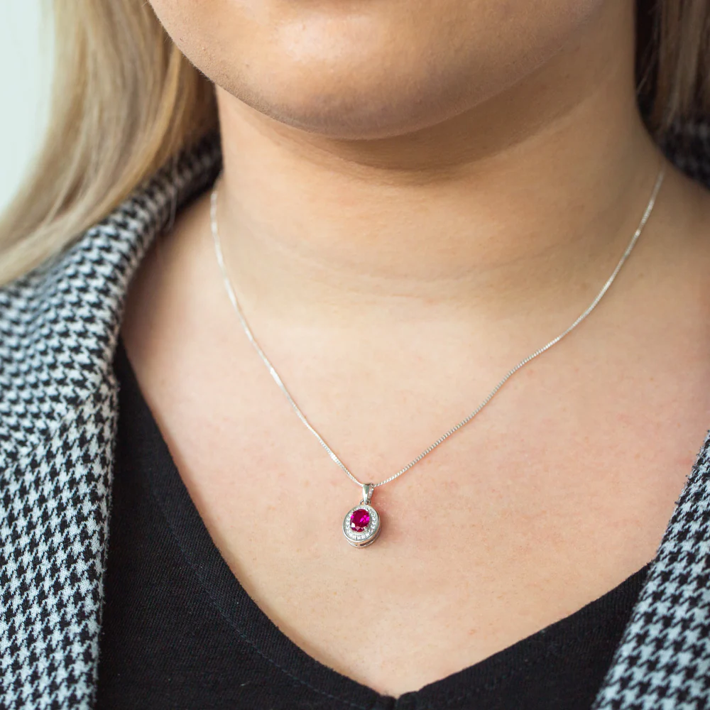 Sterling Silver Created Ruby and Zirconia Oval Pendant - Image 2
