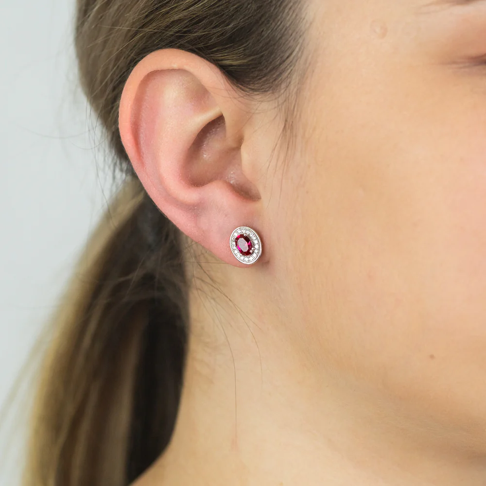 Sterling Silver Created Ruby and Zirconia Oval Studs - Image 2