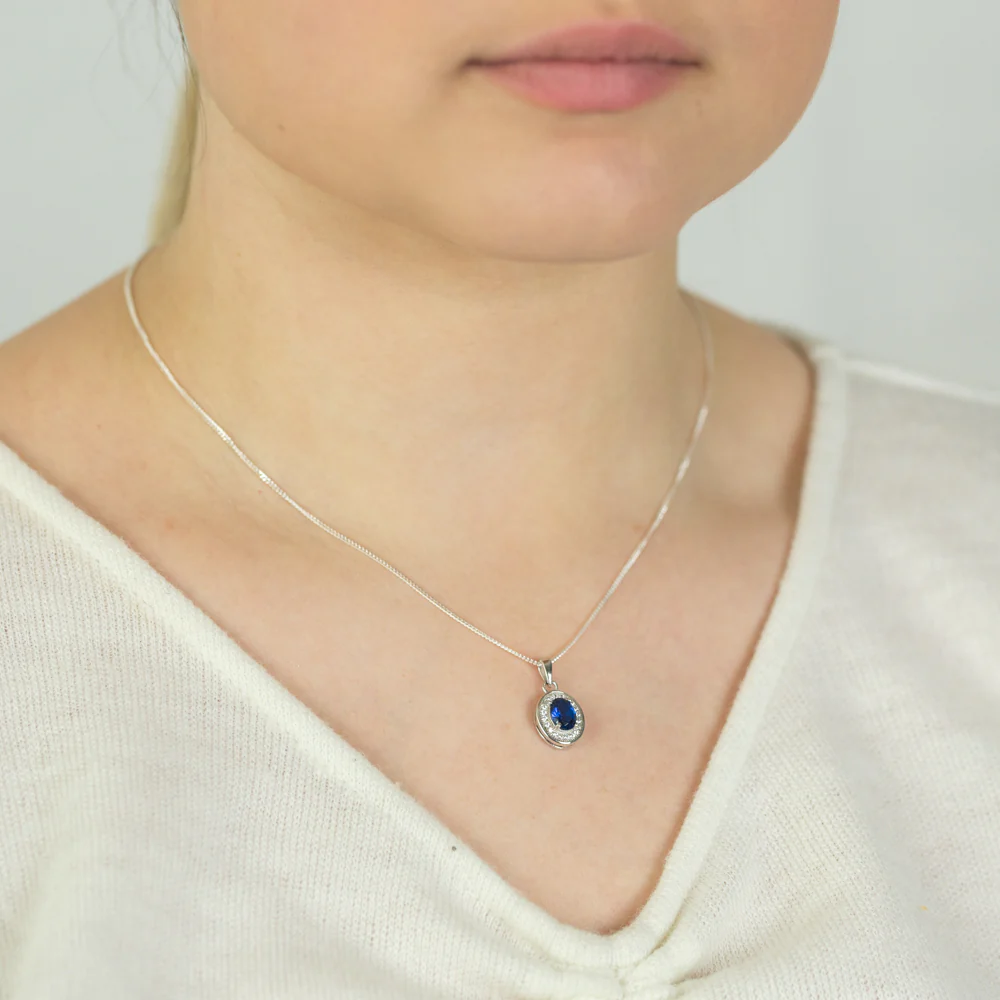 Sterling Silver Created Sapphire and Zirconia Oval Pendant - Image 2