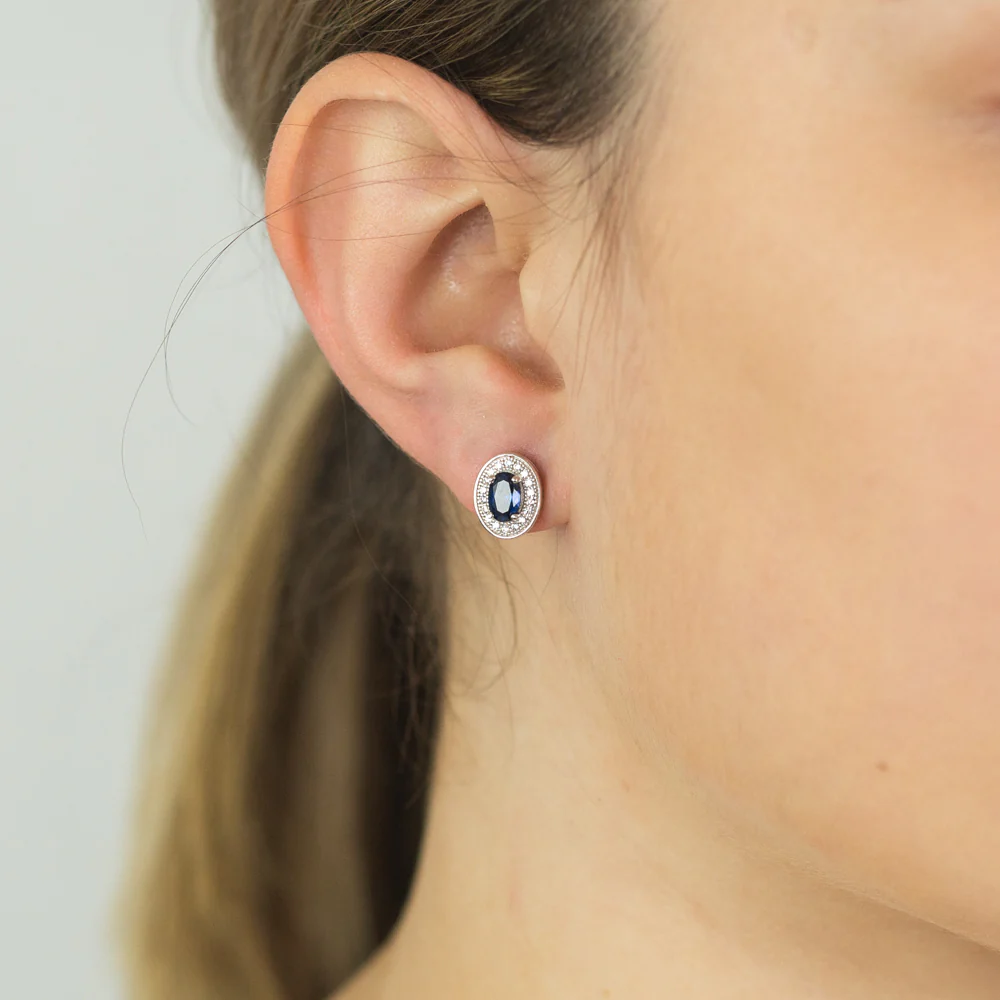 Sterling Silver Created Sapphire and Zirconia Oval Studs - Image 2