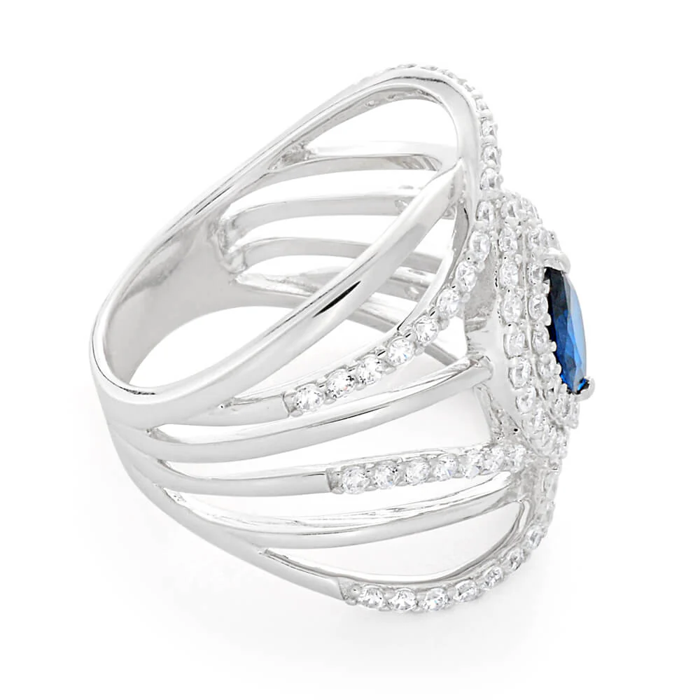 Sterling Silver Created Sapphire + Cubic Zirconia Marquise Ring - Image 2