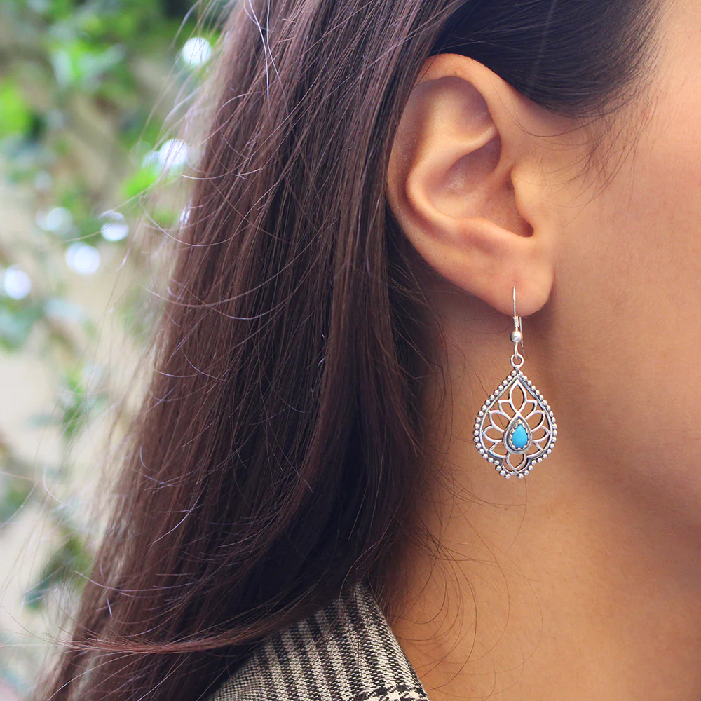 Sterling Silver Created Turquoise Fancy Drop Earrings - Image 3