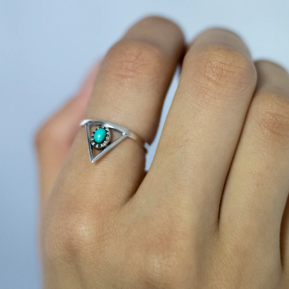 Sterling Silver Created Turquoise Oval and Triangle Ring - Image 3