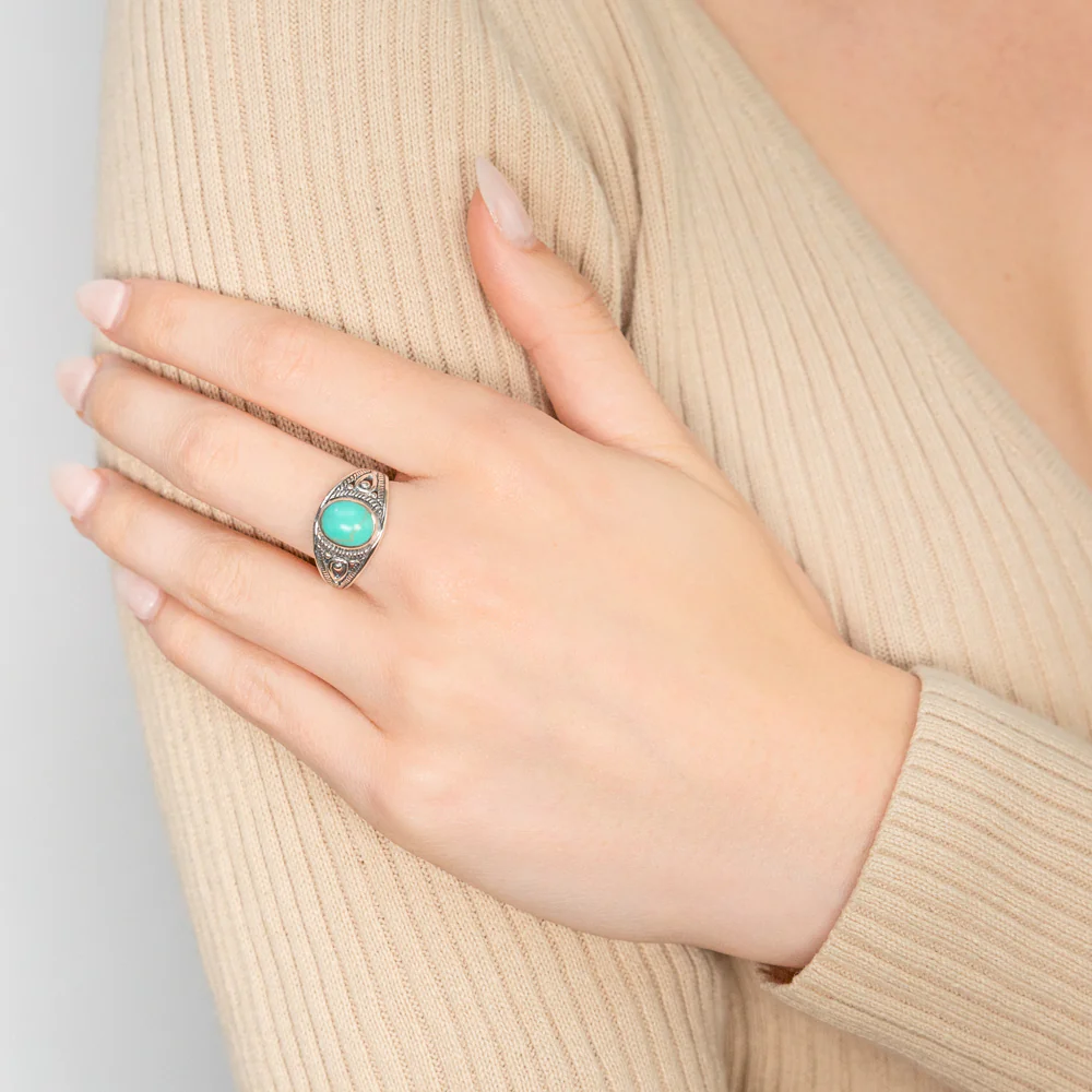 Sterling Silver Created Turquoise Oval Oxidised Ring - Image 3